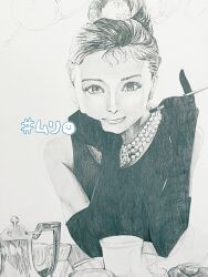 Rule 34 | 1girl, audrey hepburn, bare shoulders, breakfast at tiffany&#039;s, butter (oshi8kyoumoh), closed mouth, cup, dress, elbow gloves, female focus, gloves, greyscale, hair bun, hair ornament, hands up, highres, holding, holly golightly, japanese text, jewelry, looking at viewer, monochrome, necklace, pearl necklace, real life, realistic, short hair, single hair bun, sleeveless, sleeveless dress, solo, straight-on, teapot, translation request