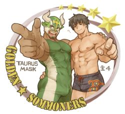 Rule 34 | 2boys, bara, black hair, bobfosse, bulge, character request, facial hair, goatee, green eyes, horned mask, ikusaba daisuke, looking at viewer, male focus, manly, mask, multiple boys, muscular, nipples, pectorals, pointing, pointing at viewer, protagonist 4 (housamo), short hair, skin tight, taurus mask, thick thighs, thighs, tight clothes, tokyo houkago summoners, wrestling outfit