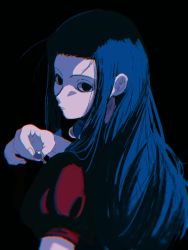 Rule 34 | 1boy, black background, black eyes, black hair, closed mouth, dark, empty eyes, expressionless, hand up, highres, holding, holding needle, holding weapon, hunter x hunter, illumi zoldyck, long hair, looking at viewer, looking back, male focus, needle, no bangs, shaded face, short sleeves, solo, thicopoyo, weapon