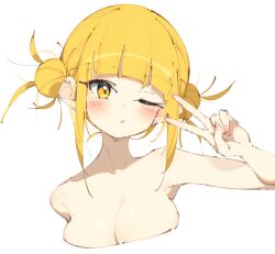 Rule 34 | 1girl, ;o, blonde hair, blunt bangs, blush, boku no hero academia, breasts, completely nude, double bun, hair bun, highres, large breasts, looking at viewer, nude, one eye closed, rasusurasu, short hair, simple background, solo, toga himiko, translation request, v, white background
