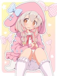 Rule 34 | 1girl, animal hood, bloomers, blue bow, blush, border, bow, bowtie, brown eyes, buttons, frilled socks, frills, genderswap, genderswap (mtf), gradient background, grey hair, hair bobbles, hair bow, hair ornament, hair over shoulder, heart, highres, hood, hood up, index fingers together, jacket, looking at viewer, multi-tied hair, onii-chan wa oshimai!, open mouth, outline, oyama mahiro, pink background, pink bow, pink bowtie, pink hair, pink jacket, sitting, socks, solo, star (symbol), tareme, underwear, unkimo, white bloomers, white border, white outline, white socks, yellow background