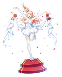Rule 34 | 1girl, ;d, ankle bow, ankle ribbon, armpits, arms up, back bow, banner, bare shoulders, bell, blunt bangs, blush, bouquet, bouquet toss, bow, bowtie, braid, breasts, bridal gauntlets, cleavage, closers, dress, falling petals, faux figurine, floating hair, flower, full body, green eyes, hair ribbon, hands up, high heels, highres, lace, lace-trimmed dress, lace-trimmed thighhighs, lace trim, leg up, long hair, looking at viewer, medium breasts, official art, one eye closed, open mouth, orange bow, orange hair, petals, pink flower, pink rose, red carpet, red flower, red rose, ribbon, rose, short dress, side braids, smile, solo, soma (closers), stairs, standing, standing on one leg, strapless, strapless dress, teeth, thighhighs, upper teeth only, wedding dress, white background, white bow, white bowtie, white bridal gauntlets, white dress, white footwear, white ribbon, white thighhighs