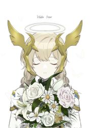 Rule 34 | 1girl, armor, bouquet, braid, brown hair, closed eyes, closed mouth, flower, halo, head wings, highres, holding, holding bouquet, lobotomy corporation, long hair, long sleeves, ppanglatte, project moon, sidelocks, simple background, solo, twin braids, upper body, white armor, white background, white fixer (lobotomy corporation), wings