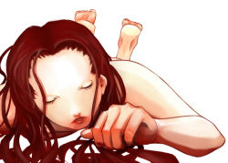 Rule 34 | 1girl, agatha, barefoot, claymore (series), closed eyes, face, feet, foreshortening, lips, nude, red hair, solo, ynreport