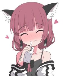 Rule 34 | 1girl, alcohol, alcohol carton, animal ears, black bow, black jacket, black nails, blunt bangs, blush, bocchi the rock!, bow, braid, cat ears, cat girl, closed eyes, drinking, drunk, earrings, fang, hair bow, hair over shoulder, halulu, hand tattoo, heart, highres, hiroi kikuri, holding carton, jacket, jewelry, long hair, long sleeves, multicolored clothes, multicolored jacket, open clothes, open jacket, red hair, sake, single braid, smile, solo, tattoo, two-tone jacket, white jacket