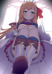 Rule 34 | 1girl, ahoge, armor, ascot, ashino moto, backlighting, blue eyes, blush, boots, braid, breasts, buttons, cleavage, cleavage cutout, clothing cutout, gloves, hair ribbon, highres, knee boots, large breasts, long hair, looking at viewer, orange hair, pauldrons, pecorine (princess connect!), princess connect!, red ribbon, ribbon, short sleeves, shoulder armor, shrug (clothing), side braid, single pauldron, sitting, skirt, smile, solo, split mouth, tiara, white gloves, white skirt, window