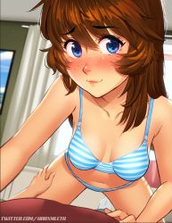 Rule 34 | 1girl, 1other, bare arms, bare shoulders, blue eyes, blush, bottomless, bra, breasts, brooke (mleth), brown hair, collarbone, commentary, english commentary, freckles, girl on top, hair between eyes, hand on another&#039;s thigh, indoors, long hair, medium breasts, mleth, original, paid reward available, pov, smile, solo focus, straddling, striped bra, striped clothes, underwear, underwear only