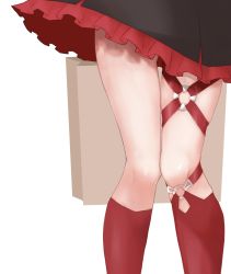 Rule 34 | 1girl, bag, commentary request, frills, head out of frame, highres, horse girl, nice nature (umamusume), out of frame, paper bag, red footwear, sabatakeru (days 18), simple background, socks, solo, thigh strap, thighs, umamusume, white background