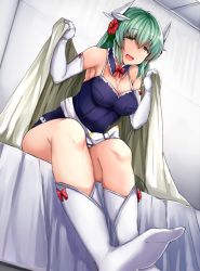 Rule 34 | 1girl, bad id, bad pixiv id, bed, blanket, blush, breasts, curvy, dutch angle, elbow gloves, fate/grand order, fate (series), gloves, green hair, hair between eyes, horns, hospital bed, indoors, kiyohime (fate), kiyohime (swimsuit lancer) (second ascension) (fate), kneehighs, large breasts, leaning forward, one-piece swimsuit, open mouth, sabujiroko, sitting, smile, socks, soles, solo, swimsuit, tareme, white socks, yellow eyes