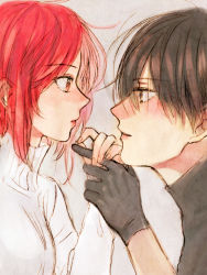 Rule 34 | 1boy, 1girl, black hair, eye contact, face-to-face, from side, gloves, hetero, holding hands, looking at another, nezumi (no.6), no.6, painting (medium), red eyes, red hair, safu, shiro (shounen to hero), short hair, traditional media, turtleneck, watercolor (medium)