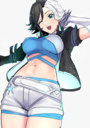 1girl arm_behind_head black_hair black_jacket breasts clash_kuro_neko crop_top flipped_hair green_eyes highres jacket looking_at_viewer luna_snow marvel marvel_rivals midriff multicolored_hair navel one_eye_closed open_clothes open_jacket open_mouth short_hair shorts solo standing teeth thighs two-tone_hair upper_teeth_only white_hair white_shorts