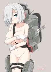 Rule 34 | 10s, 1girl, bad id, bad twitter id, bare shoulders, blue eyes, blush, bob cut, breasts, collarbone, covering privates, covering breasts, gloves, hair ornament, hair over one eye, hamakaze (kancolle), kantai collection, kichihachi, large breasts, navel, no pussy, one eye covered, short hair, signature, silver hair, simple background, solo, twitter username, weapon, white gloves