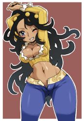 Rule 34 | 00s, 1girl, absurdres, arms up, black hair, blue eyes, blush, breasts, cleavage, creatures (company), curvy, dahlia (pokemon), dark-skinned female, dark skin, denim, frontier brain, game freak, highres, hip focus, hun (uyonis), jeans, large breasts, long hair, midriff, navel, navel piercing, nintendo, no panties, one eye closed, open fly, pants, piercing, pokemon, pokemon dppt, pokemon platinum, solo, thick thighs, thighs, toned, unzipped, very long hair, wide hips, wink