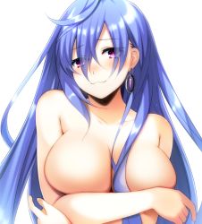 Rule 34 | 1girl, blue hair, blush, breasts, covering privates, covering breasts, doria (p f dolia), earrings, iris heart, jewelry, kami jigen game neptune v, large breasts, long hair, looking at viewer, neptune (series), nude, purple eyes, simple background, slave, smile, solo, upper body, very long hair, white background