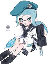 Rule 34 | 1girl, artist name, backpack, bag, beret, black bag, black footwear, black hair, black shorts, blue eyes, commentary, cross-laced footwear, full body, hat, highres, ika esu, inkling, inkling girl, inkling player character, long hair, nintendo, open mouth, pointy ears, sailor collar, sailor shirt, shirt, shoes, shorts, simple background, sitting, sleeves past fingers, sleeves past wrists, solo, splatoon (series), symbol-only commentary, teeth, tentacle hair, thick eyebrows, twitter username, white background