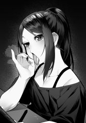 Rule 34 | 1boy, black hair, collarbone, commentary request, drooling, fellatio gesture, greyscale, highres, in (ain), korean commentary, monochrome, original, ponytail, saliva, shirt, stylus, swept bangs, tablet pc, tongue, tongue out, trap