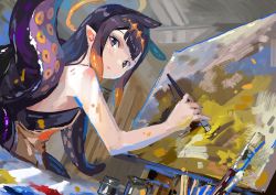 Rule 34 | 1girl, black hair, blue eyes, canvas (object), closed mouth, gradient hair, halo, holding, holding paintbrush, hololive, hololive english, long hair, looking at viewer, multicolored hair, ninomae ina&#039;nis, orange hair, paintbrush, painting (action), pointy ears, purple hair, sidelocks, tentacle hair, tentacles, very long hair, virtual youtuber, yoshikawa hiro