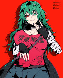 Rule 34 | 1girl, absurdres, alternate breast size, artist name, bandaged arm, bandages, belt, black belt, black gloves, black jacket, black pants, black sclera, bracelet, breasts, choker, cleavage, collarbone, colored sclera, commentary, cowboy shot, defaultz, english commentary, eto (tokyo ghoul), foreshortening, gloves, green eyes, green hair, hair between eyes, highres, jacket, jewelry, large breasts, long hair, open clothes, open jacket, pants, parted lips, red background, red shirt, shirt, shirt tucked in, short sleeves, smile, solo, spiked bracelet, spikes, teeth, tokyo ghoul, translation request, twitter logo