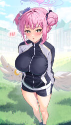 Rule 34 | 1girl, absurdres, angel wings, black footwear, black jacket, blue archive, blush, breasts, crescent, crescent pin, day, double bun, feathered wings, from above, grass, hair bun, halo, highres, jacket, large breasts, long sleeves, looking at viewer, meteor (yamashou), mika (blue archive), open mouth, outdoors, pink hair, pink halo, shoes, short hair, solo, spoken blush, standing, track jacket, white wings, wings, yellow eyes
