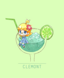 Rule 34 | 1boy, ahoge, akasaka (qv92612), blonde hair, blush, character name, clemont (pokemon), commentary request, creatures (company), drinking straw, flower, food, fruit, game freak, glass, green background, grey eyes, hair flower, hair ornament, ice, ice cube, jumpsuit, lime (fruit), lime slice, liquid, looking at viewer, male focus, mini person, miniboy, nintendo, pokemon, pokemon xy, red flower, simple background, sitting