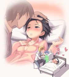 Rule 34 | 1boy, 1girl, artist request, basin, bed, black eyes, black hair, blush, bottle, chair, chest of drawers, dreaming, fever, hand on another&#039;s head, hand on own chest, heart, hospital bed, idolmaster, idolmaster (classic), kikuchi makoto, lying, namco, no bra, non-web source, on back, on bed, p-head producer, pajamas, pillow, producer (idolmaster), short hair, sick, sitting, washpan