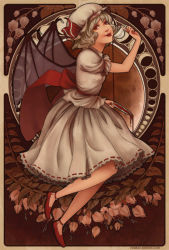 Rule 34 | 1girl, alphonse mucha, alternate hair color, art nouveau, bat wings, blood, crescent moon, cup, female focus, floral background, flower, hat, image sample, moon, moon phases, parody, remilia scarlet, rina (rinatan), saucer, short hair, skirt, skirt set, solo, spilling, style parody, tongue, tongue out, touhou, tumblr sample, wings