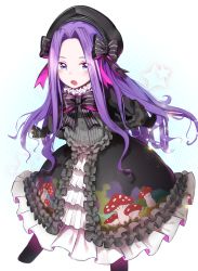 Rule 34 | bbci, black bow, black dress, black headwear, blue eyes, blush, bow, commentary request, dress, fate/grand order, fate (series), food print, gloves, hat, highres, long hair, medusa (fate), medusa (lancer) (fate), medusa (rider) (fate), mushroom print, nursery rhyme (fate), open mouth, parted bangs, pink bow, purple hair, rider, star (symbol), two-tone bow