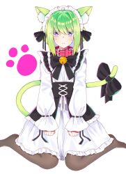 Rule 34 | 1boy, animal ear fluff, animal ears, bell, black bow, black pantyhose, bow, cat boy, cat ears, cat tail, collar, crossdressing, green hair, highres, kemonomimi mode, lio fotia, long sleeves, maid, maid headdress, male focus, neck bell, pantyhose, paw print, promare, puffy long sleeves, puffy sleeves, purple eyes, red collar, rinno promare, short hair, simple background, solo, tail, tail bow, tail ornament, trap, white background
