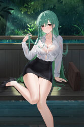 Rule 34 | 1girl, azur lane, bare legs, bench, black skirt, bra, breasts, cleavage, collared shirt, commentary request, green hair, highres, lace, lace bra, large breasts, littorio (azur lane), littorio (sitting in the rain) (azur lane), long hair, long sleeves, looking at viewer, office lady, official alternate costume, on bench, qing wu, rain, red eyes, see-through, see-through shirt, shirt, skirt, solo, underwear, wet, wet clothes, wet shirt, white bra, white shirt, wooden bench