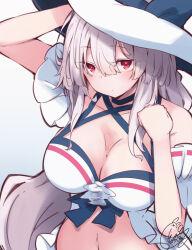 Rule 34 | 1girl, absurdres, arknights, arm up, beni shake, bikini, black choker, breasts, choker, cleavage, closed mouth, collarbone, commentary request, gradient background, grey background, grey hair, hair between eyes, hand on headwear, highres, large breasts, long hair, looking at viewer, navel, red eyes, signature, skadi (arknights), skadi (waverider) (arknights), solo, swimsuit, upper body, very long hair, white background, white bikini, white headwear
