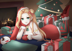 Rule 34 | 1girl, absurdres, ambitious elf jinx, blonde hair, boots, bow, choker, christmas, christmas tree, gloves, hat, highres, jinx (league of legends), league of legends, long hair, pointy ears, ribbon, santa hat, skirt, thighhighs