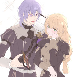 Rule 34 | 1boy, 1girl, absurdres, belt, black jacket, blonde hair, breasts, chinese commentary, commentary request, eyeshadow, fire emblem, fire emblem: three houses, garreg mach monastery uniform, green eyes, grey jacket, hand on own cheek, hand on own face, highres, holding, ingrid brandl galatea, jacket, long hair, long sleeves, looking at another, makeup, medium breasts, moyu moyu (moyumoyu085), nintendo, open mouth, purple eyes, purple hair, short hair, simple background, upper body, white background, white belt, yuri leclerc