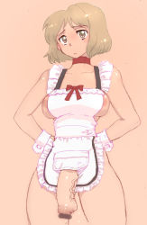 Rule 34 | 1girl, apron, arms behind back, blonde hair, breasts, censored, flaccid, futanari, large penis, looking at viewer, medium breasts, naked apron, penis, short hair, sideboob, silfeed (boottag), simple background, solo, upper body, veins, veiny penis, white apron, yellow eyes