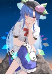 Rule 34 | 1girl, absurdres, anima miko, blue hair, boulder, crossed legs, eyes visible through hair, feet out of frame, food, fruit, hair over eyes, hand on own cheek, hand on own face, hat, highres, hinanawi tenshi, light smile, long hair, looking at viewer, peach, red eyes, sitting, solo, touhou, very long hair