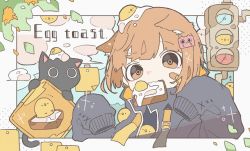 Rule 34 | 1girl, animal ears, bandaid, bandaid on face, black jacket, bocha 2 2, borrowed character, brown hair, cat ears, cloud, egg (food), egg toast girl (haru57928031), food, fried egg, fried egg on toast, highres, jacket, leaf, looking at viewer, mouth hold, original, plant, short hair, sign, sleeves past fingers, sleeves past wrists, solo, toast, traffic light, upper body