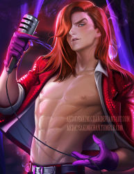Rule 34 | 1boy, abs, blue eyes, cowboy shot, genderswap, genderswap (ftm), gloves, hair over one eye, jacket, jessica rabbit, long hair, looking at viewer, male focus, microphone, navel, nipples, open clothes, open jacket, parted lips, purple gloves, red hair, sakimichan, sequins, solo, toned, watermark, web address, who framed roger rabbit