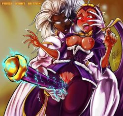 Rule 34 | 2girls, ahegao, alternate color, artist name, between thighs, blue arms, blush, bodysuit, breasts, breasts out, brown eyes, brown hair, capcom, cape, crossover, crotch cutout, crotch rub, curvy, dark-skinned female, dark skin, electricity, fangs, fingernails, forehead, gloves, leggings, long fingernails, long hair, marvel, marvel vs. capcom, marvel vs. capcom 2, monkey girl, multiple girls, nipples, no pupils, open clothes, open mouth, pussy, shiny skin, short hair, sonson, sonson (series), staff, steaming body, storm (x-men), thick thighs, thighs, torn clothes, torn legwear, white hair, wide hips, x-men, yuri