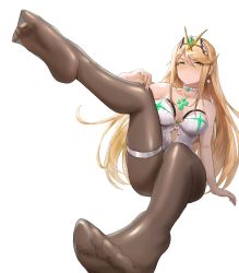 Rule 34 | 1girl, bare shoulders, black thighhighs, blonde hair, blush, breasts, cleavage, collar, earrings, feet, foot focus, gem, half-closed eyes, hand on leg, highres, jewelry, leg up, legband, lieqi hun, long hair, md5 mismatch, mythra (massive melee) (xenoblade), mythra (radiant beach) (xenoblade), mythra (xenoblade), resolution mismatch, simple background, sitting, skindentation, solo, source larger, swimsuit, thighhighs, thighs, tiara, white background, xenoblade chronicles (series), xenoblade chronicles 2