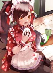 Rule 34 | 1girl, animal ears, black hair, blush, breasts, brown eyes, food, fox ears, fox girl, fox tail, highres, holding, holding food, hololive, japanese clothes, kimono, large breasts, looking at viewer, multicolored hair, onigiri, ookami mio, ookami mio (new year), open mouth, ponytail, red hair, red kimono, shaberu hijiki, sitting, smile, solo, swept bangs, tail, tail wrap, two-tone hair, virtual youtuber