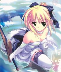 Rule 34 | blonde hair, bow, breasts, choker, cleavage, dress, elbow gloves, gloves, gown, green eyes, hair bow, reflection, short hair, sword, thighhighs, weapon