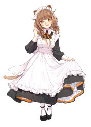 Rule 34 | 1girl, animal ears, apron, black dress, black footwear, blush, breasts, brown hair, cat ears, cat girl, cat tail, commentary request, dress, frilled apron, frills, glasses, hazuki natsu, head tilt, highres, long sleeves, looking at viewer, maid, medium breasts, open mouth, original, pantyhose, round eyewear, shoes, short hair, simple background, skirt hold, smile, solo, tail, white apron, white background, white pantyhose, yellow eyes