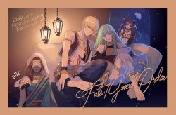 Rule 34 | 2boys, 2girls, androgynous, arabian clothes, barefoot, black hair, blonde hair, brown hair, controller, copyright name, dated, earrings, elbow gloves, enkidu (fate), closed eyes, fate/grand order, fate/strange fake, fate (series), gilgamesh, gilgamesh (caster) (fate), gilgamesh (fate), gloves, green eyes, green hair, hoop earrings, ishtar (fate), jewelry, midriff, multiple boys, multiple girls, necklace, night, okazaki oka, red eyes, remote control, siduri (fate), smile, tattoo, two side up, veil, vest