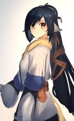 Rule 34 | 1girl, absurdly long hair, absurdres, ainu clothes, animal ears, aquaplus, black hair, blush, breasts, closed mouth, from side, hair between eyes, hair ornament, high ponytail, highres, kuon (utawarerumono), layered sleeves, long hair, long sleeves, looking at viewer, medium breasts, orange sash, ponytail, raised eyebrows, sash, scarf, sidelocks, smile, solo, standing, tail, upper body, utawarerumono, utawarerumono: itsuwari no kamen, very long hair, wide sleeves, yellow eyes, yellow scarf, zcodent