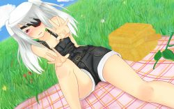 Rule 34 | 10s, 1girl, bare shoulders, blush, cloud, eyepatch, female focus, highres, infinite stratos, laura bodewig, naked overalls, nature, outdoors, overalls, picnic, plant, red eyes, sky, solo, twintails, white hair