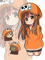 Rule 34 | 2girls, bike shorts, blush, brown hair, cabbie hat, clothed robot, guilty gear, guilty gear strive, hat, hat ornament, highres, hood, hoodie, humanoid robot, itsuka neru, long hair, looking at viewer, may (guilty gear), multiple girls, object through head, orange eyes, orange headwear, orange hoodie, orange shirt, robo-may, robot, screw in head, shirt, skull and crossbones, skull hat ornament, smile