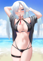 Rule 34 | 1girl, arms up, bare shoulders, bikini, black bikini, blue eyes, blue sky, blush, breasts, cloud, commentary request, cowboy shot, day, genshin impact, hair over one eye, highres, large breasts, long hair, looking at viewer, mouth hold, multi-strapped bikini, navel, open clothes, outdoors, shenhe (genshin impact), short sleeves, sky, solo, standing, stomach, swimsuit, tatsumiya kagari, thigh strap, thighs, very long hair, water, white hair