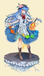Rule 34 | 1girl, absurdres, black hat, blue hair, blue skirt, blush, boots, brown footwear, buttons, center frills, collared shirt, cross-laced footwear, food, frilled skirt, frills, fruit, fruit hat ornament, full body, hair between eyes, hat, hat ornament, highres, hinanawi tenshi, holding, holding food, holding fruit, lace-up boots, long hair, maisuiren, open mouth, peach, peach hat ornament, puffy short sleeves, puffy sleeves, rainbow order, red eyes, shirt, short sleeves, simple background, skirt, smile, solo, sword, sword of hisou, touhou, watermark, weapon, white shirt, yellow background