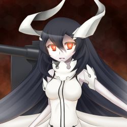 Rule 34 | 10s, 1girl, abyssal ship, anchorage water oni, black hair, hair between eyes, horns, kantai collection, long hair, open mouth, red eyes, solo, tigla, very long hair