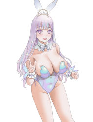 Rule 34 | 1girl, absurdres, alternate costume, animal ears, arm up, azur lane, bare shoulders, blue leotard, blush, bow, bowtie, breasts, buko (bukosuki), cleavage, covered navel, detached collar, fake animal ears, feet out of frame, hair ornament, hairclip, highres, large breasts, leaning forward, legs, leotard, light purple hair, long hair, looking at viewer, multicolored hair, open mouth, playboy bunny, plymouth (azur lane), purple eyes, rabbit ears, smile, solo, standing, streaked hair, thighs, traditional bowtie, white background, white bow, white bowtie, white wrist cuffs, wrist cuffs