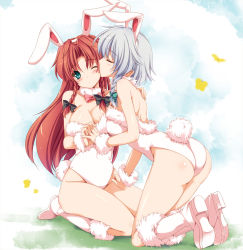 Rule 34 | 2girls, alternate costume, animal ears, ass, bare legs, blush, boots, bow, braid, breasts, bug, butterfly, cleavage, couple, detached collar, female focus, fur trim, green eyes, hair bow, highres, hong meiling, insect, izayoi sakuya, kemonomimi mode, large breasts, leotard, licking, licking another&#039;s cheek, licking another&#039;s face, long hair, monety, multiple girls, one eye closed, playboy bunny, rabbit ears, rabbit tail, red hair, silver hair, tail, touhou, twin braids, wink, yuri